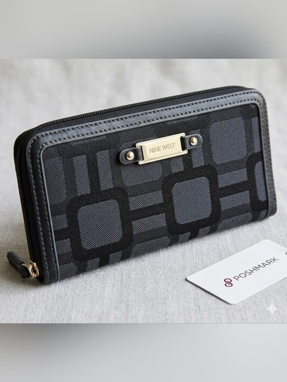 Nine West Black Monogram Zip Around Long Wallet Clutches